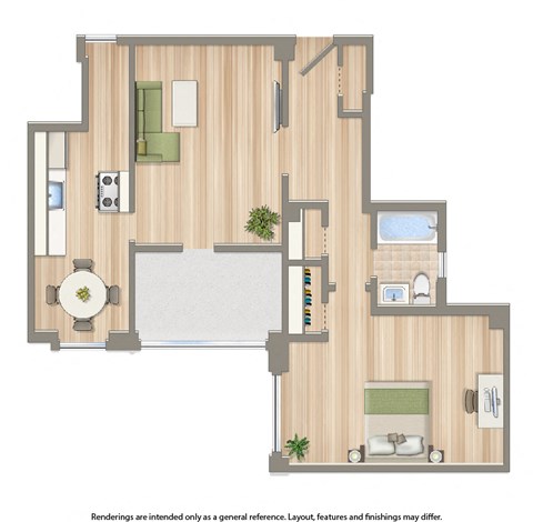 one bedroom floor plan rendering at the dahlia apartments in washington dc